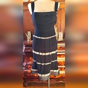 LELA ROSE Gorgeous Black Midi Dress with Silver Metallic Trim